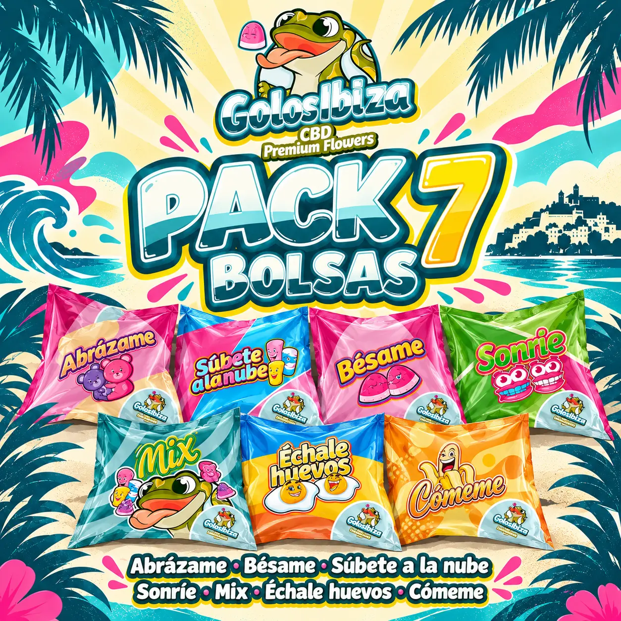 Pack 7 bolsas: Abrázame, Bésame, Súbete a la nube, Sonríe, Mix, Échale huevos y Cómeme